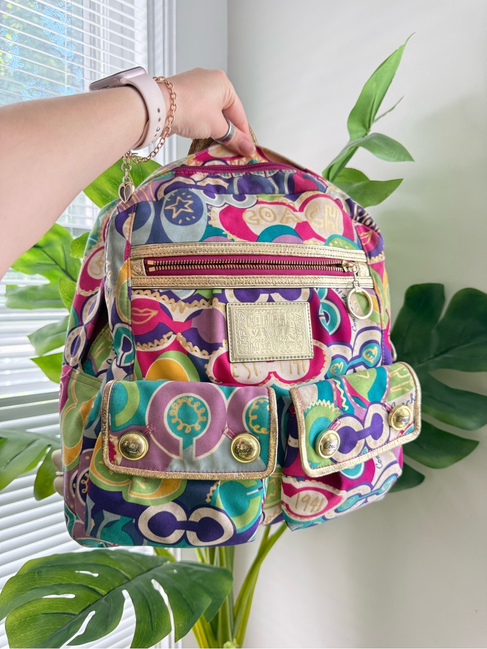 Coach Multicolor Printed Mini Backpack with Gold Hardware